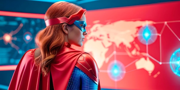 a woman in a superhero costume in front of a screen with a virtual world map