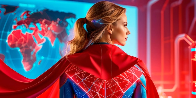 a woman in a superhero costume in front of a screen with a virtual world map