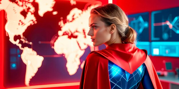 a woman in a superhero costume in front of a screen with a virtual world map