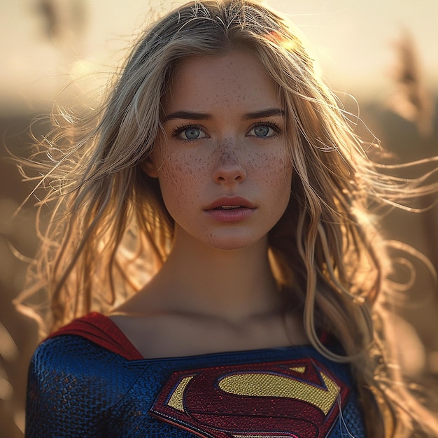 Photo a woman in a superhero costume stands in a field