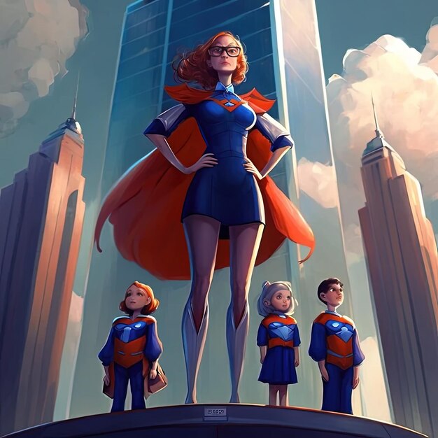 Photo a woman in a superhero costume stands in front of a building with a woman wearing a cape and a cape