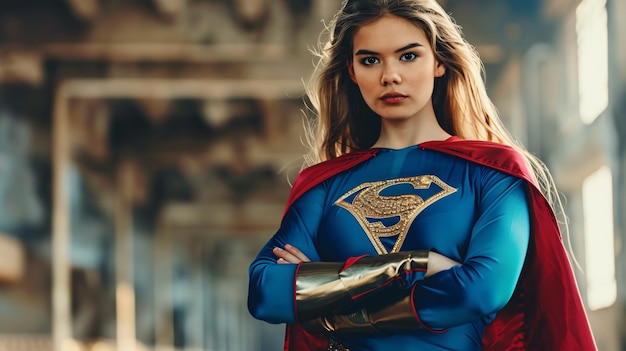 Photo a woman in a superhero costume stands in front of a wall with a sign that says super hero on it