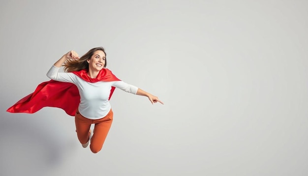 Woman superhero wearing a red cloak on a gray background