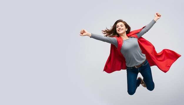 Woman superhero wearing a red cloak on a gray background