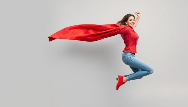 Woman superhero wearing a red cloak on a gray background