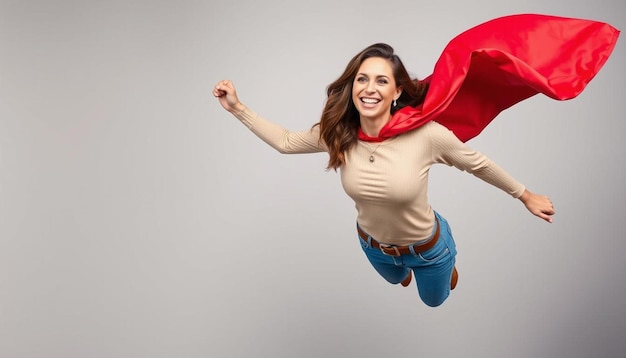 Woman superhero wearing a red cloak on a gray background