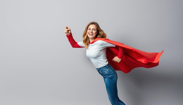 Woman superhero wearing a red cloak on a gray background