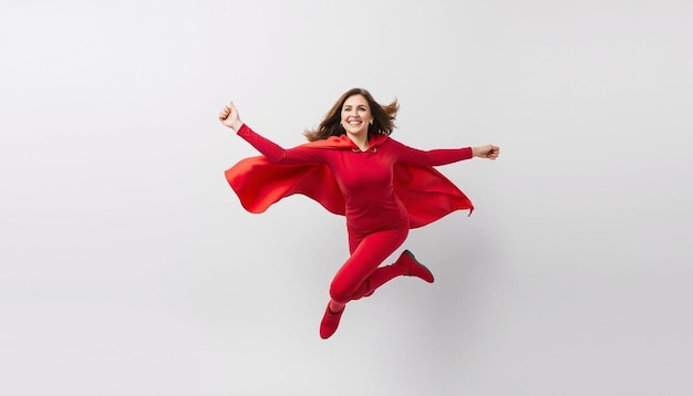 Woman superhero wearing a red cloak on a gray background