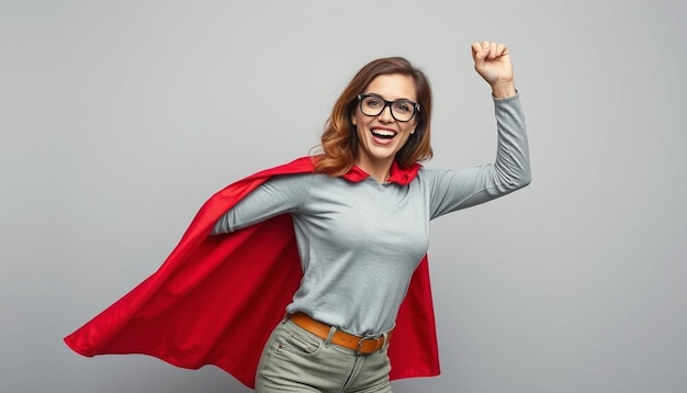 Photo woman superhero wearing a red cloak on a gray background