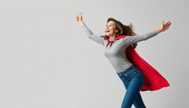 Woman superhero wearing a red cloak on a gray background