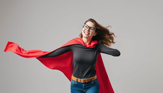 Photo woman superhero wearing a red cloak on a gray background