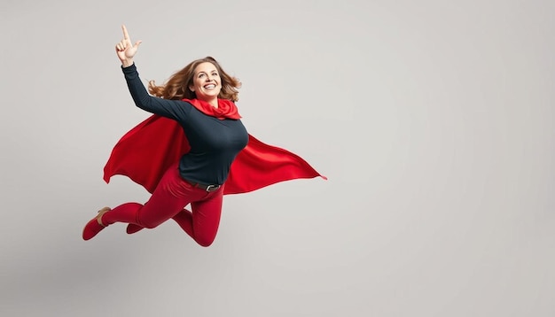 Woman superhero wearing a red cloak on a gray background