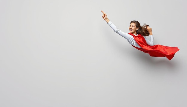 Photo woman superhero wearing a red cloak on a gray background