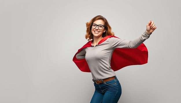 Photo woman superhero wearing a red cloak on a gray background