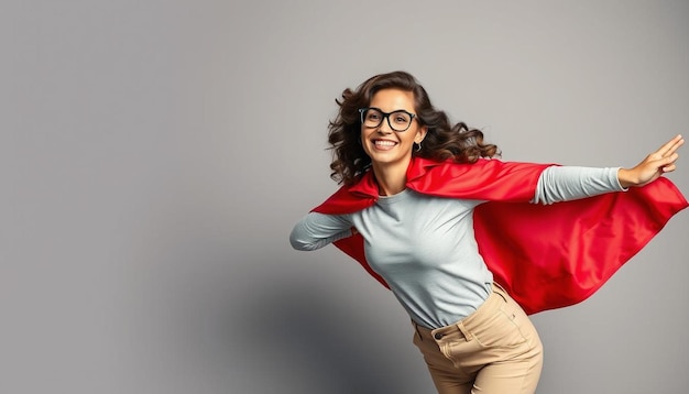 Photo woman superhero wearing a red cloak on a gray background