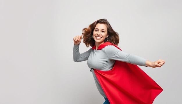 Photo woman superhero wearing a red cloak on a gray background