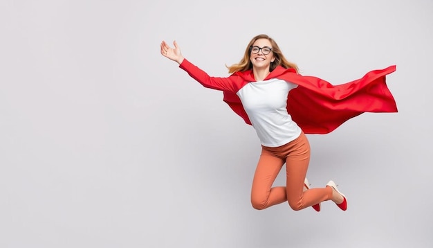 Photo woman superhero wearing a red cloak on a gray background