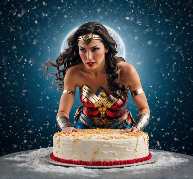 a woman in a superman costume is cutting a cake with a moon behind her