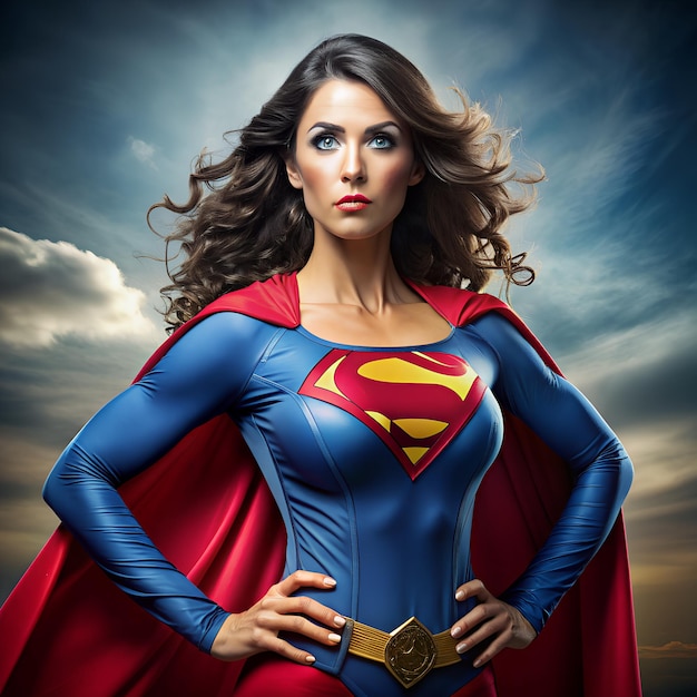 a woman in a superman costume stands in front of a cloudy sky