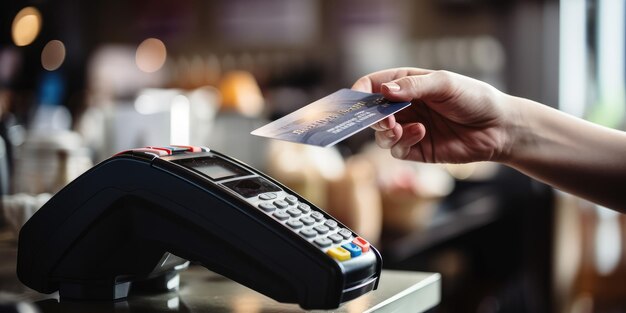 Woman at the supermarket checkout she is paying using a credit card