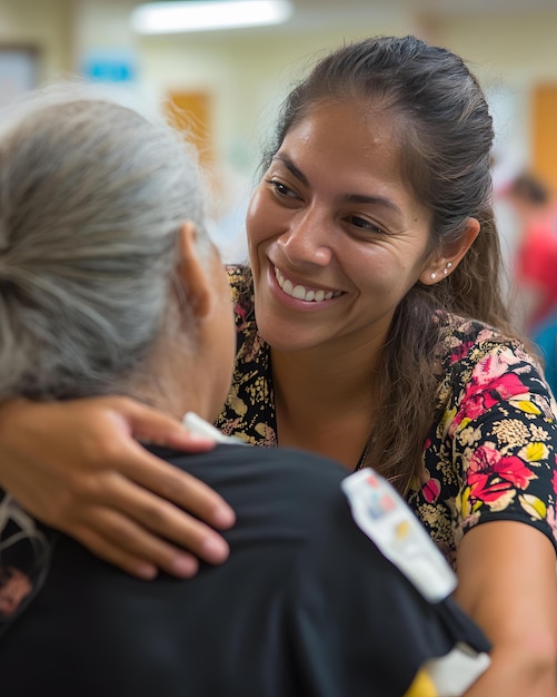 Photo woman supporting elderly person with a smile