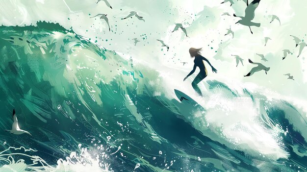 A woman surfing on a big wave The seagulls are flying around her The wave is green and white The sky is cloudy The woman is wearing a wetsuit