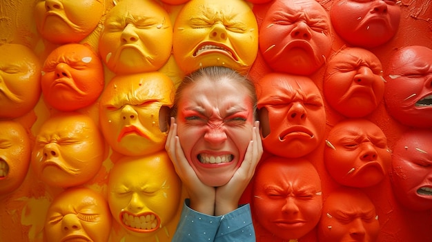 A woman surrounded by angry faces looking distressed