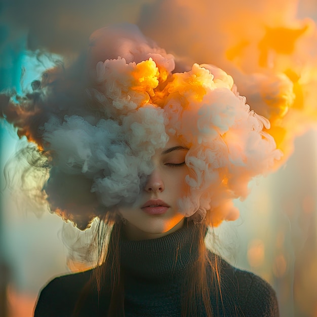 Photo woman surrounded by clouds dreamy abstract portrait