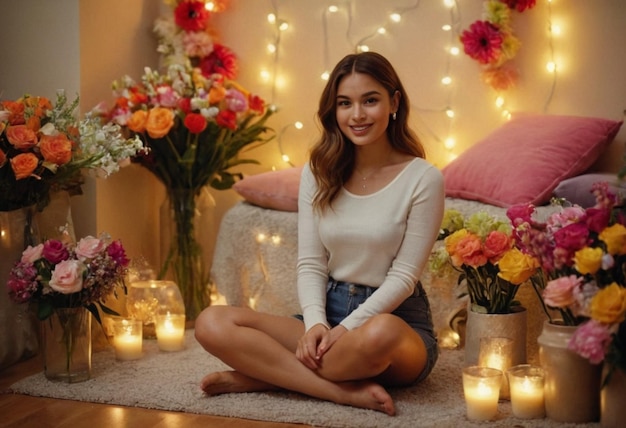 Woman surrounded by flowers and lights