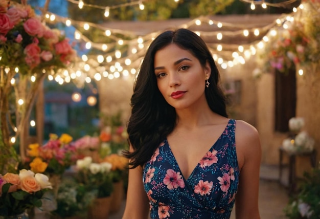 Woman surrounded by flowers and lights