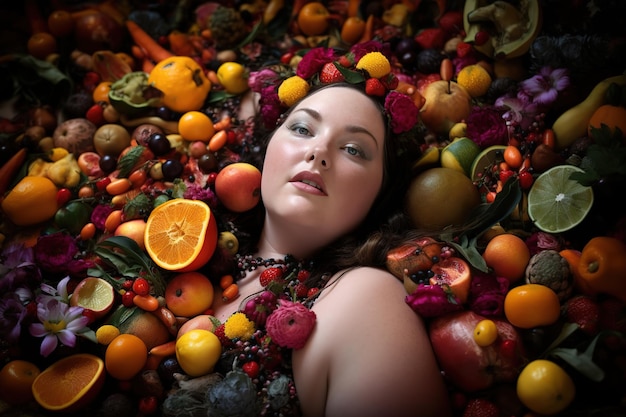 A woman surrounded by fruit and vegetables