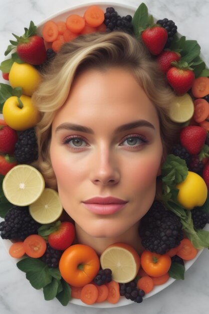 A woman surrounded by fruits and vegetables AI generated