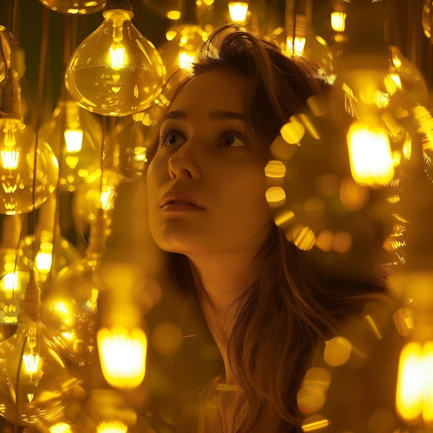 A woman surrounded by halogen bulbs captured in a detailed Fujifilm portrait with yellow light