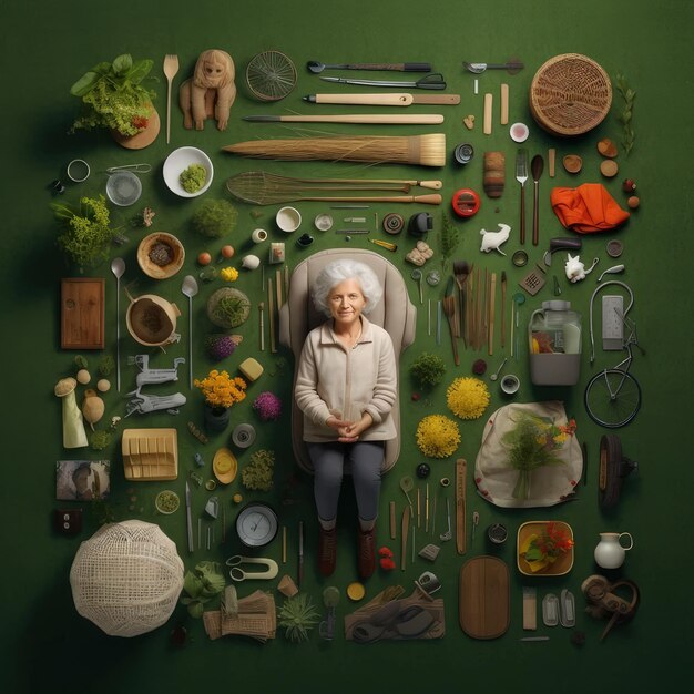 Photo a woman surrounded by various kitchen uts captured beautifully