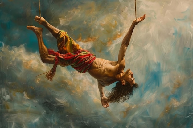 A woman suspended upside down from a rope showcasing her strength and balance in a dynamic pose A graceful trapeze artist soaring through the air AI generated