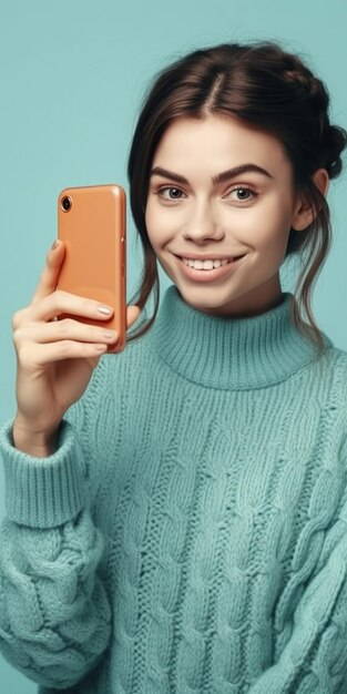 A woman in a sweater is holding a phone and smiling.