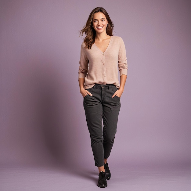 Photo a woman in a sweater stands in front of a purple background