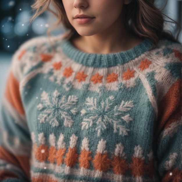 Photo a woman in a sweater with snowflakes on it