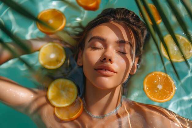 Woman Swimming Among Citrus Fruits Generative AI