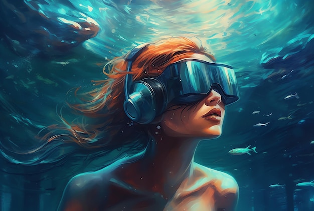 A woman in a swimming goggles is looking at a fish.