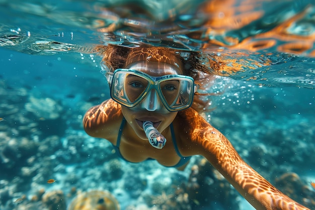 Woman Swimming in Mask and Goggles in Ocean