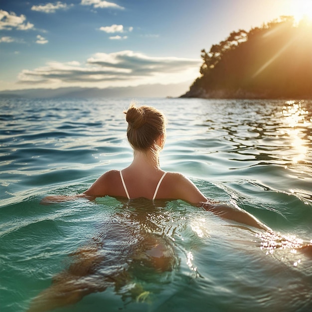 a woman swimming in the ocean with the sun shining on her face