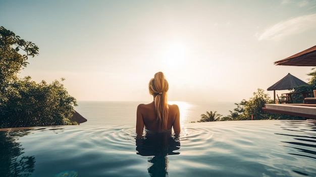 A woman in a swimming pool with the ocean in the background