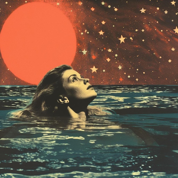 Woman swimming in space risograph collage AI generated art