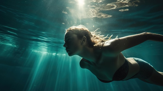 A woman swimming underwater in the water with the sun shining on her face.