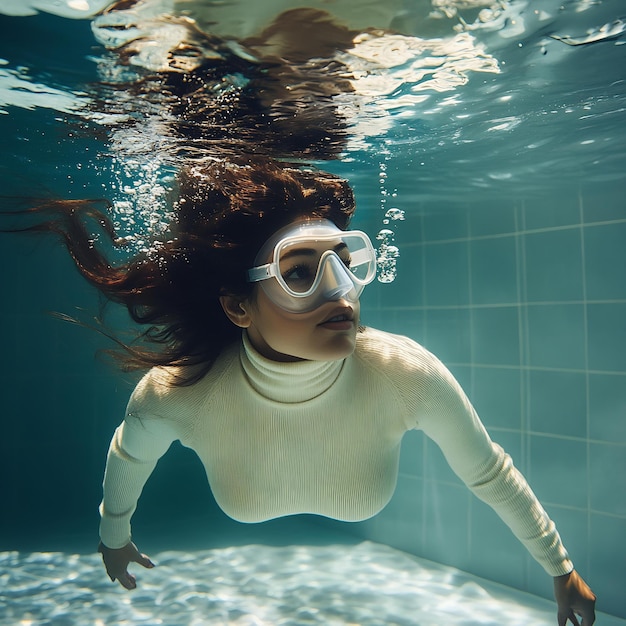 a woman swimming underwater wearing a mask and snorkel