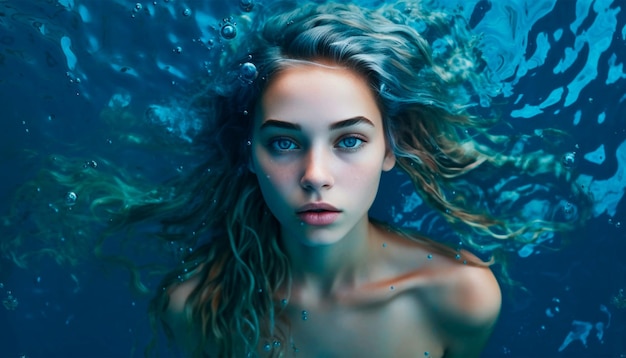 A woman swimming in water with blue eyes