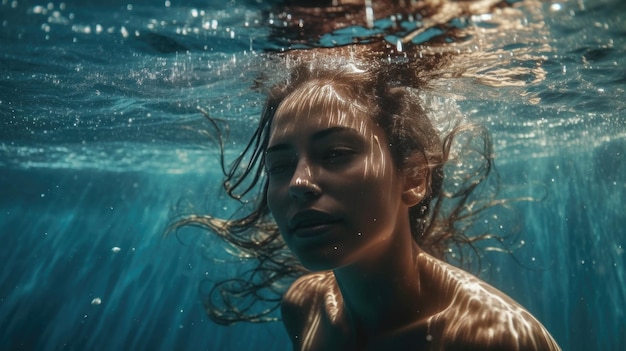 A woman swimming under water with her hair pulled back and her eyes closed.