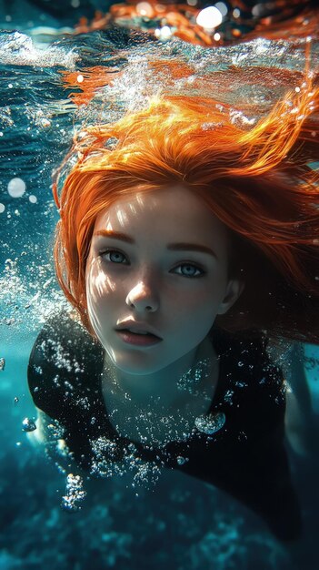 Photo a woman swimming in the water with red hair