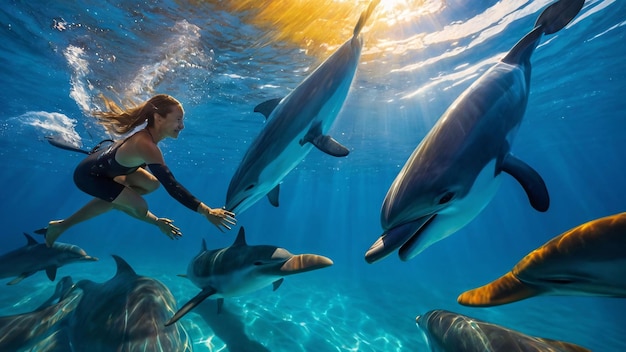 Woman swimming with dolphins underwater